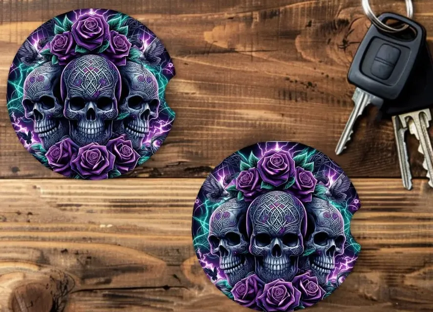 [CA1728] Gothic Rose Skull Car Coaster