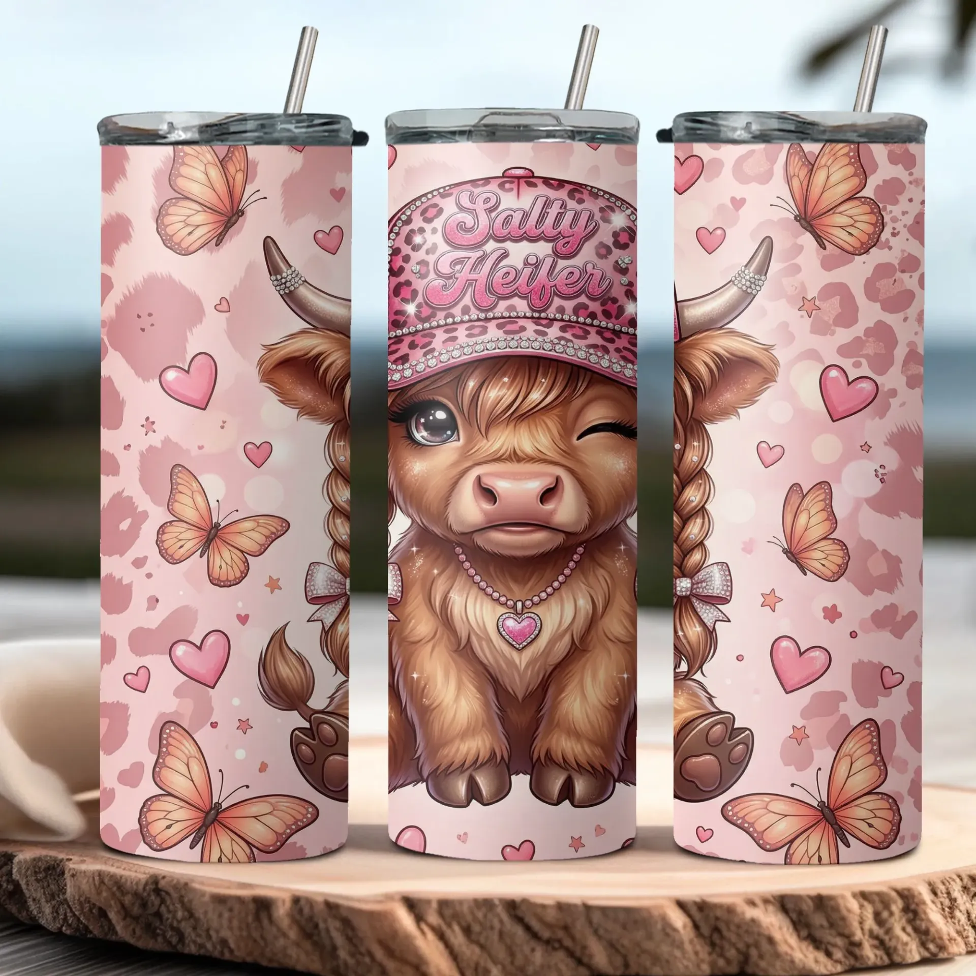 Pink Salty Heifer Highland Cow Tumbler