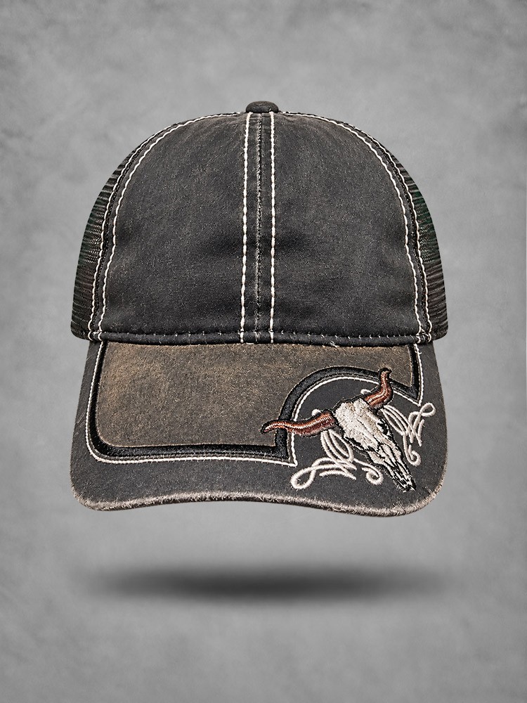 [BC3222] Vintage Longhorn Skull Trucker Cap