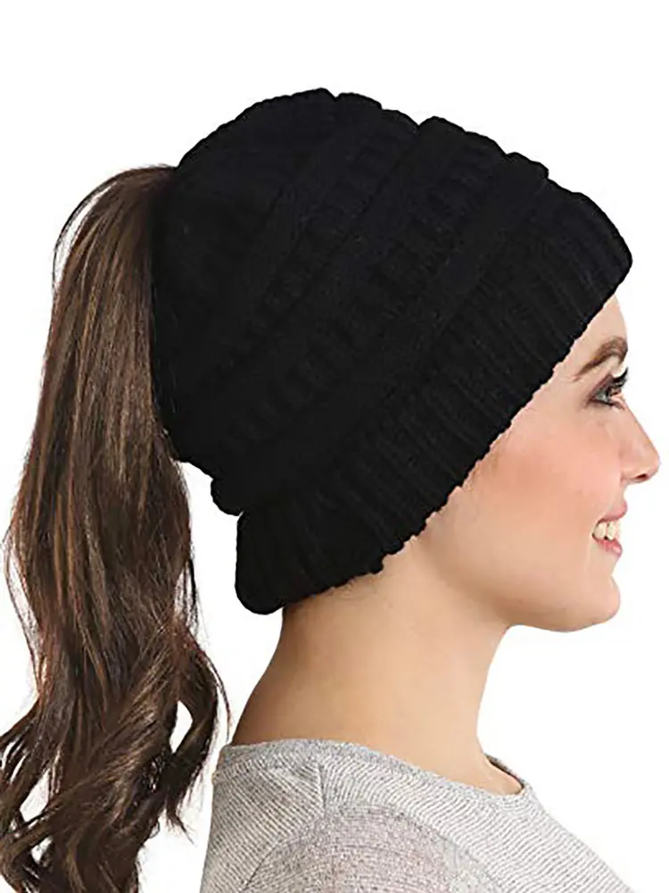 [BE1819-BLK] High Ponytail Beanie