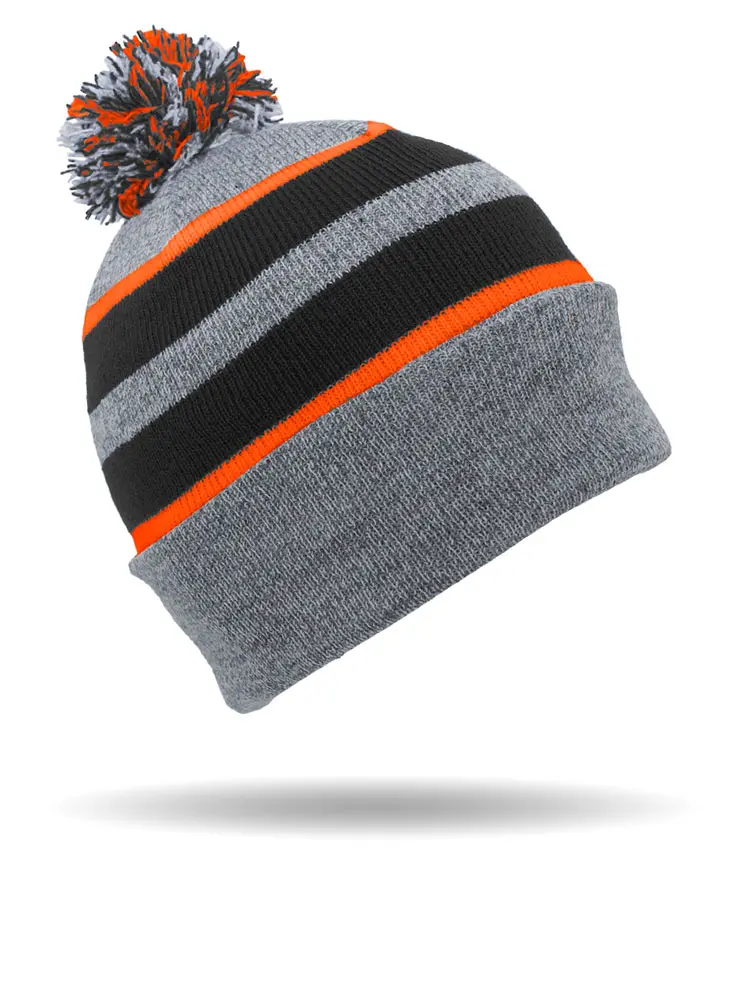 [BE2613-GRY/ORG] Pom Striped Cuff Beanie