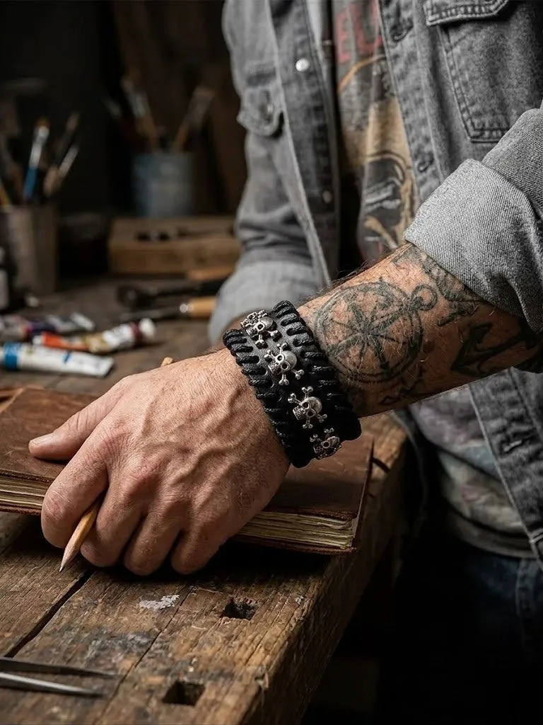[BR3213] Skull X-Bone Whipstitch Bracelet