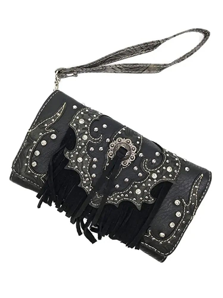[HBW3216-BLK] Western Eye Lash Fringe Wallet