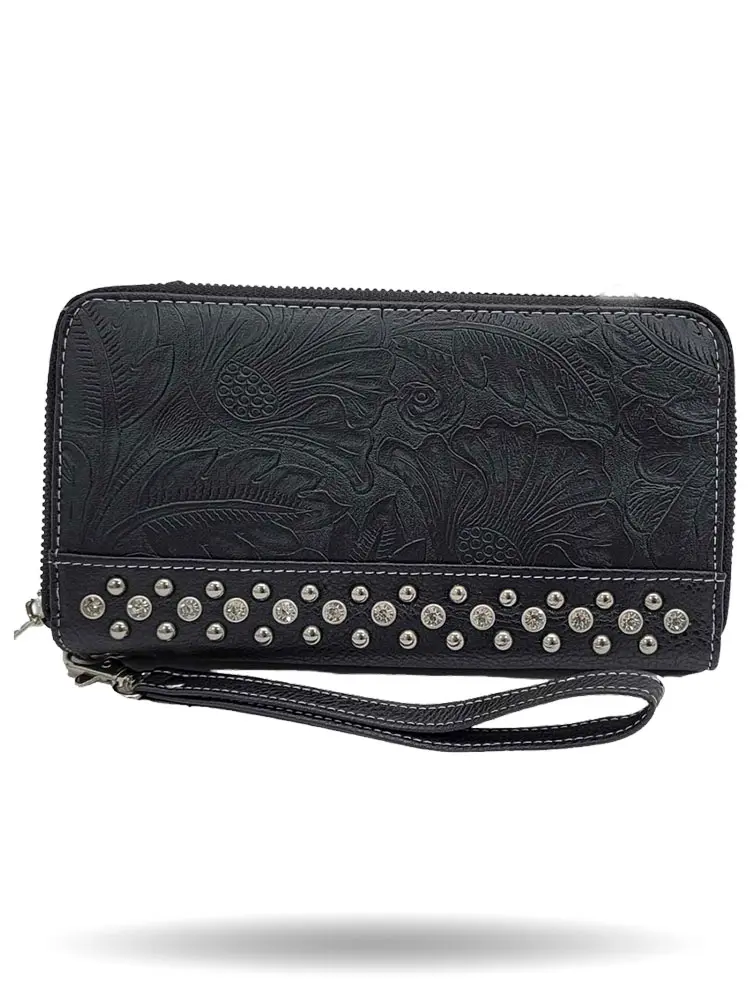 [HB3022-BLK] Floret Tooled & Studded Crossbody Wallet
