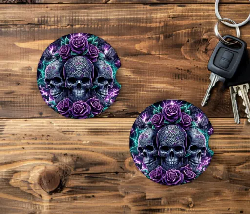 [CA1728] Gothic Rose Skull Car Coaster